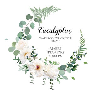 Vegetação e peônia branca, eucalipto prateado, flores rosas brancas design vetorial quadro de convite redondo arquivos para impressão EPS, JPEG + PNG clipart