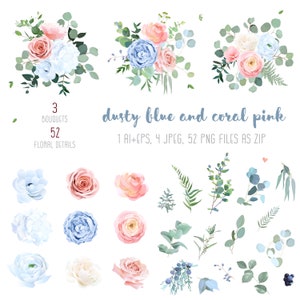 Azul polvoriento, rosa rubor y rosa coral, hortensia blanca, ranúnculo color melocotón, flores de anémona, EPS verde salvia, colección de imágenes prediseñadas JPEG+PNG