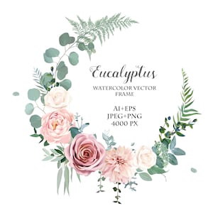 Verdure, pivoine rose et blanche, fleurs roses vector design rond cadre d'invitation. Verdure de mariage rustique. Menthe, tons verts. Aquarelle