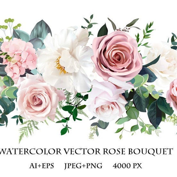 Dusty pink and cream rose, peony, hydrangea flower, tropical leaves vector garland wedding bouquet. Eucalyptus, greenery. Floral watercolor