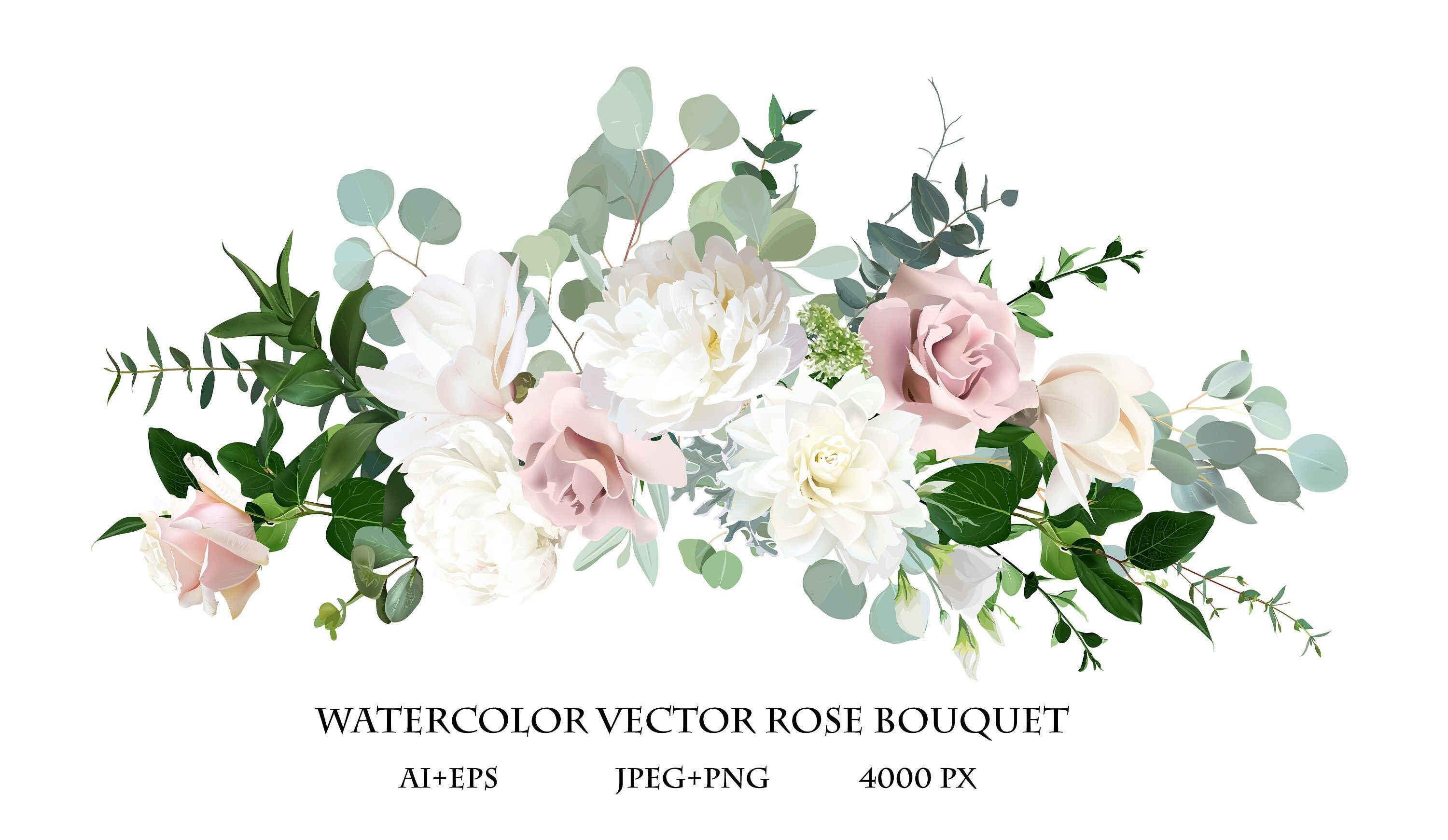 Silver Sage Green and Blush Pink Flowers Vector Design Bouquet. Dusty