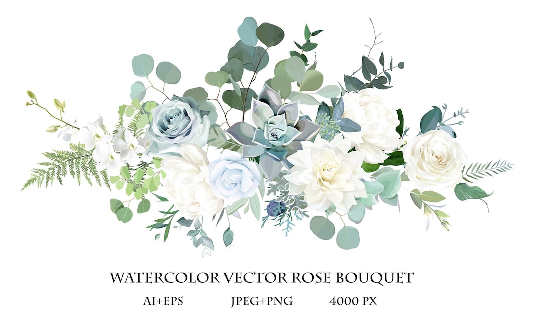 Silver Sage Green, Mint, Blue, White Flowers Vector Design Spring Bouquet.  Peony, Rose, Beige Dahlia, Succulent, Eucalyptus, Greenery 