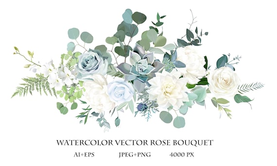 Silver Sage Green, Mint, Blue, White Flowers Vector Design Spring