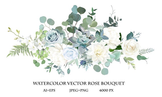 Silver Sage Green, Mint, Blue, White Flowers Vector Design Spring Bouquet.  Peony, Rose, Beige Dahlia, Succulent, Eucalyptus, Greenery 