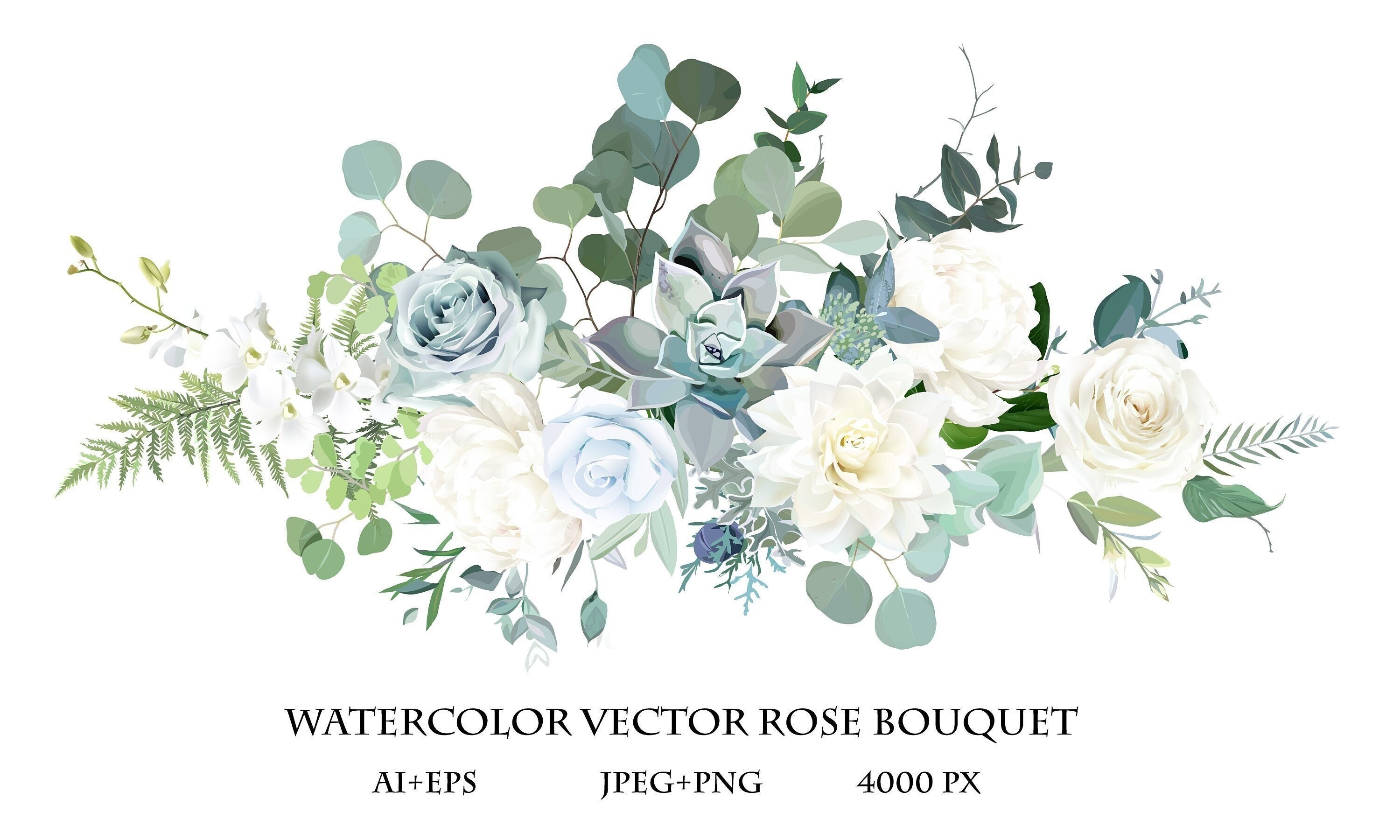 Silver Sage Green, Mint, Blue, White Flowers Vector Design Spring Bouquet.  Peony, Rose, Beige Dahlia, Succulent, Eucalyptus, Greenery -  Canada