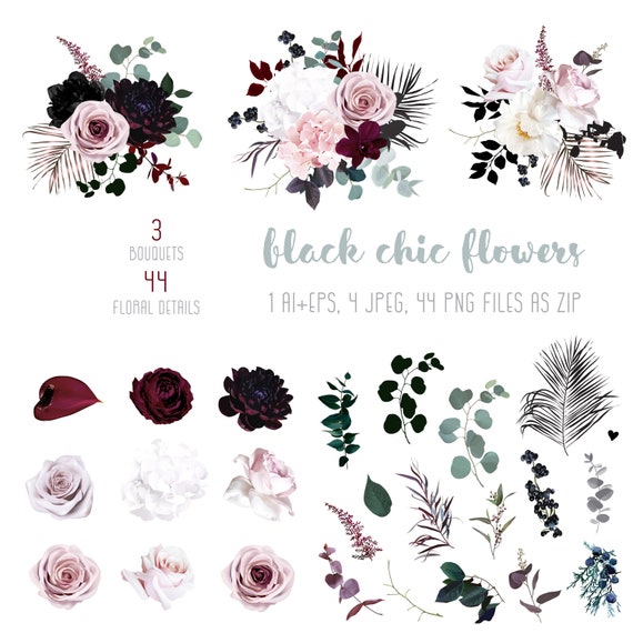 Dusty Pink, Pastel, Black Flowers Big Vector Design Set. Hydrangea, Rose,  Dahlia, Orchid, Black Berry EPS, JPEGPNG Clipart Collection 