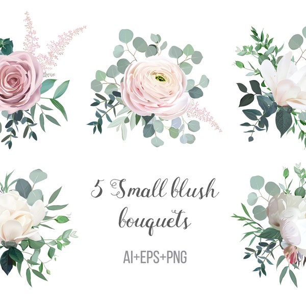 Blush pink rose, ranunculus, camellia, white peony and magnolia vector design bouquets. Wedding greenery. Mint, pink, green tones.Watercolor