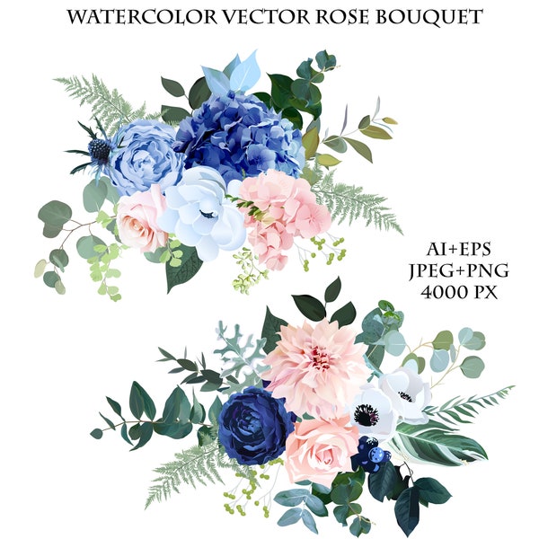Classic navy blue, blush pink rose, hydrangea, ranunculus, dahlia, white anemone, thistle flowers, fern, greenery