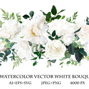Flowers and greenery vector bouquet. White peonies and rose wedding garland. Elegant realistic floral clipart. PNG bouquet file
