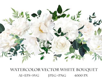 Flowers and greenery vector bouquet. White peonies and rose wedding garland. Elegant realistic floral clipart. PNG bouquet file