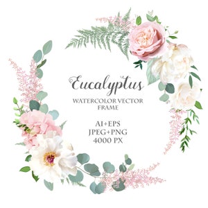Groen, roze en witte pioenroos, roze bloemen vector design ronde uitnodigingsframe. Rustiek bruiloftsgroen