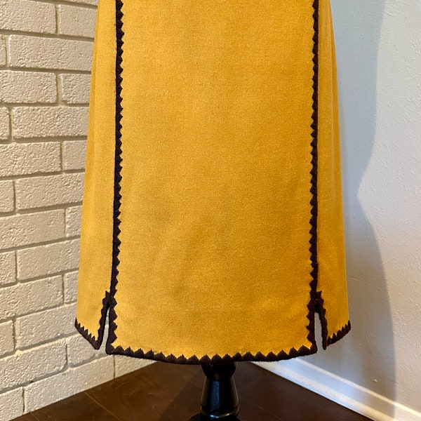 Vintage 70s Mustard Yellow Wool Pencil Skirt Embroidered Hem Size 12