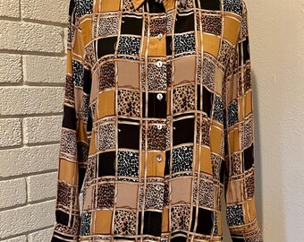 90s Silk Leopard Print Blouse L XL, Vintage Jessica Holbrook