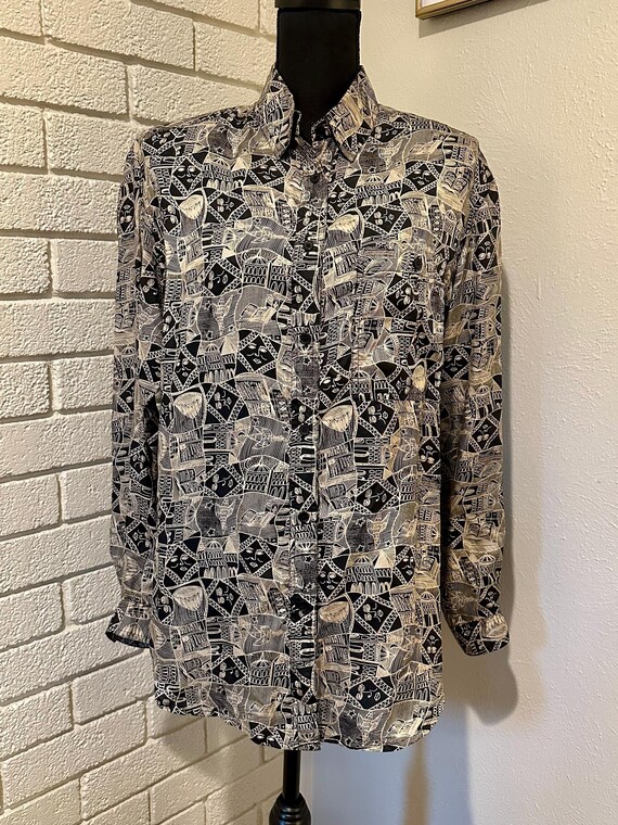 Vintage 90s 100% Silk Tribal Print Shirt by Metro Express | Abstract Boho Blouse S M | Oversized Button Up Festival Top
