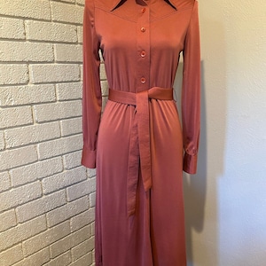 May include: A rust-coloured, long-sleeved dress with a collared neckline and button-down front. The dress features a matching belt and is displayed on a mannequin. The dress has a midi length and is made of a smooth, flowing fabric.