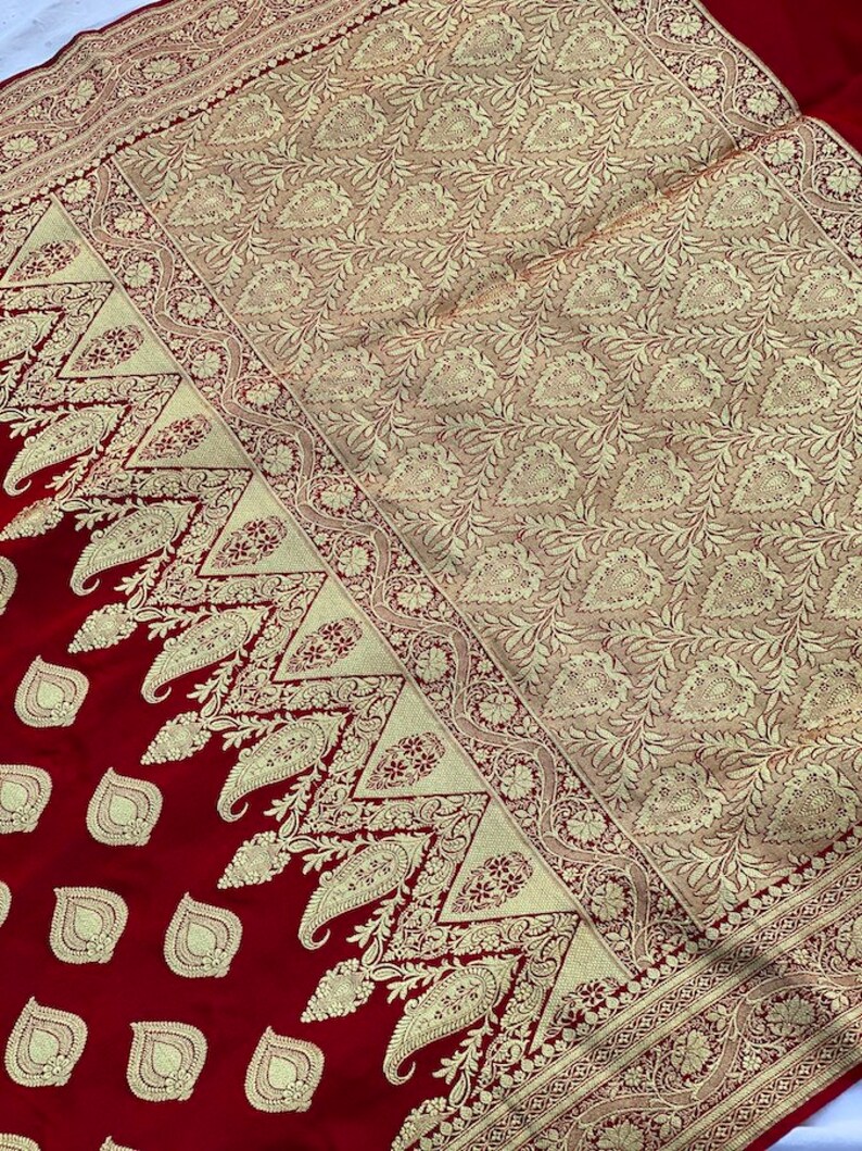Red Banarasi Satin Silk Saree with Rich Antique Zari Design Pure Handloom Bridal Benarasi Satin Silk Sari