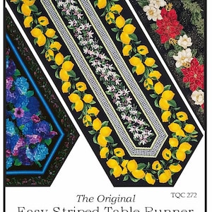 May include: Three decorative table runners with floral and fruit designs. One features lemons, another red and white poinsettias, and the third, blue and purple hydrangeas. The runners are black with colorful borders and center designs.