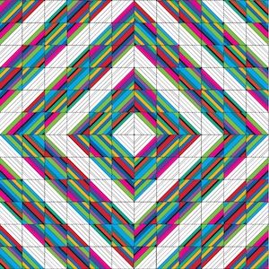 May include: Geometric pattern featuring a repeating diamond design. The pattern is composed of colorful diagonal stripes in shades of red, blue, green, yellow, and purple, set against a white grid. The overall effect is a vibrant and eye-catching abstract design.