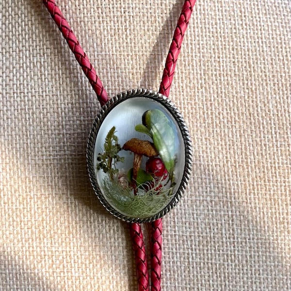 Dried Mushroom Red Leather Bolo Tie- Real Colorado Mushroom Pendant Bolo Tie Silver