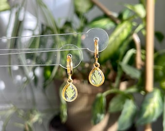 Gold Huggie Hoop Earrings with Teardrop Fern - Nature Lover Earring - Minimalist Earrings - Everyday Hoops - Nickel Fee