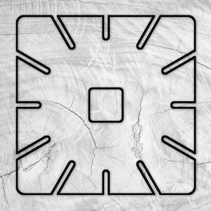 May include: Black and white line drawing of a square with a smaller square in the center. The larger square has eight points extending from its sides.