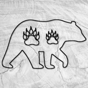 May include: A black line drawing of a bear with two paw prints on its back. The bear is walking to the right.