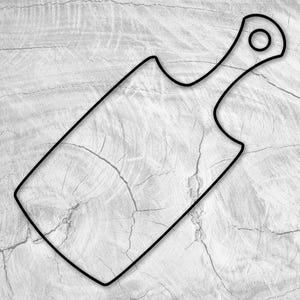 May include: A black outline of a cutting board with a handle. The cutting board is shaped like a rectangle with rounded corners and a small hole in the handle.