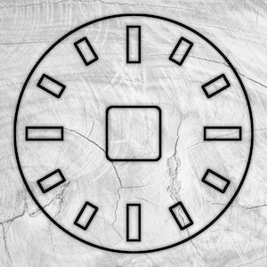 May include: A black and white illustration of a clock face with 12 rectangular markings around the edge and a square in the centre.