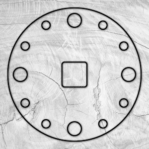 May include: A black and white image of a circle with 12 smaller circles around the edge and a square in the center. The circle and smaller circles are outlined in black.