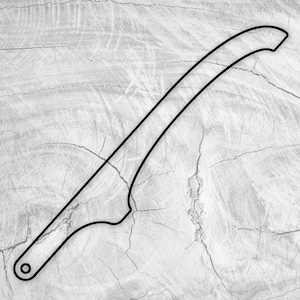 May include: A black metal chain with a curved shape, resembling a blade or a hook.