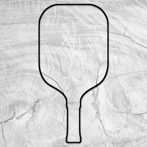 May include: A black outline of a pickleball paddle on a white woodgrain background.