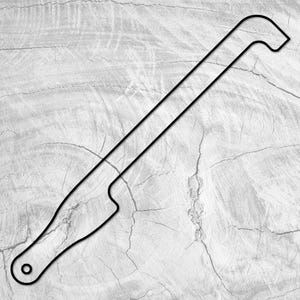 May include: A black metal hook with a rounded end and a small hole at the base. The hook is designed for hanging items.