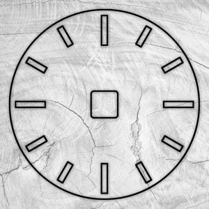 May include: A black and white clock face with twelve evenly spaced markings around the edge. The clock face is circular and has a square in the center.