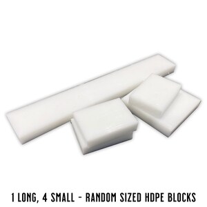 May include: Five white plastic blocks, one long and four small, of random sizes. 1 LONG, 4 SMALL - RANDOM SIZED HDPE BLOCKS