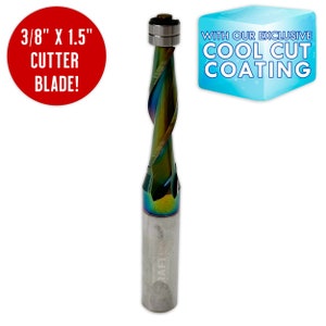 May include: A 3/8 inch by 1.5 inch downcut spiral router bit with a rainbow coloured coating. The bit is made of high-quality steel and is designed for use in wood, plastic, and other materials. The bit is labelled "RAFT" and features the text "WITH OUR EXCLUSIVE COOL CUT COATING".