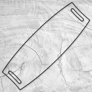 May include: A black and white outline of a long, narrow, rectangular shape with rounded corners. The shape has two small, rectangular cutouts on the top and bottom.