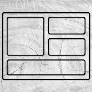 May include: A black and white image of a simple website layout with three rectangular sections. The top section is divided into two smaller rectangles, and the bottom section is a single large rectangle.