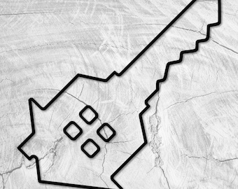 May include: Black and white line drawing of a key with a unique design. The key has a square shape with four small squares inside. The key is on a gray background.