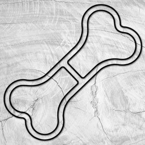 May include: A black outline of a bone shape on a white textured background.