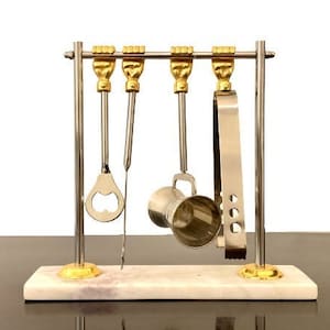 Rayford Bar-Werkzeug-Set auf Marmorständer Mixologie Barkeeper-Kit Zubehör 4-teiliges Bar-Set Peg Messen Fisch Messer Flaschenöffner Bar Decor Geschenk