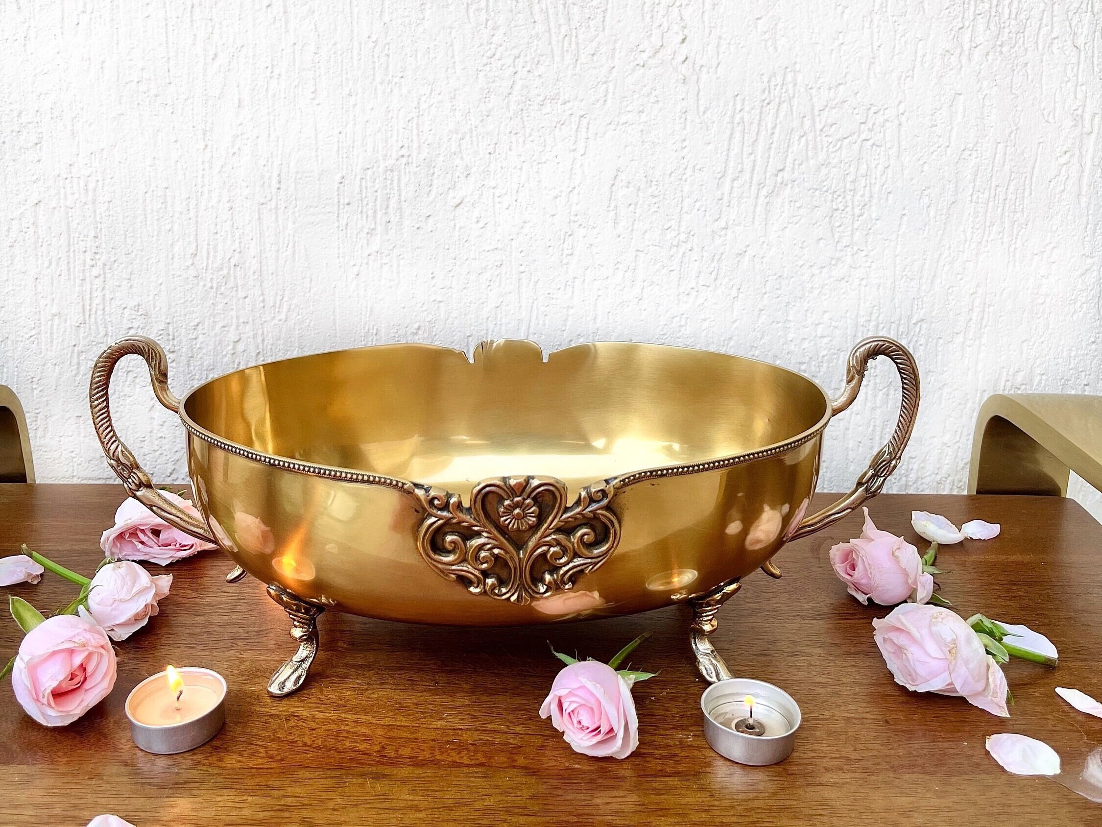 Vintage Brass Bowl With Handles & Legs French Compote Handmade