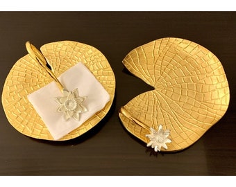 Lotus-Leaf Snack Server with Napkin Stand/Holder, Golden Serving Tray, Dining Platter, Appetizer Tray, Dining Accessories, Housewarming Gift