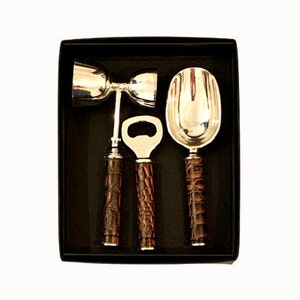 Brass Bar Set 3 Piece Mixology Leather look Bartender Kit Bar Tools & Accessories Peg Measure Bottle Opener Ice Shovel Bar Decor Gift Set