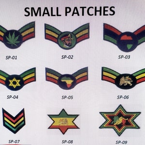 May include: Nine small patches with various designs, including a marijuana leaf, a lion, a star of David, and a crown. The patches are all in the colors of the Rastafarian flag: red, yellow, and green.