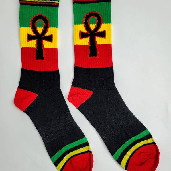 Rasta Ankh red, gold and green crew socks