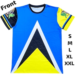 May include: Blue, black, and yellow t-shirt with a white triangle design. The shirt has black sleeves with a yellow and blue stripe and a crest with a green bird. Sizes available: S, M, L, XL, XXL.