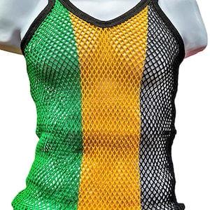 May include: A sleeveless mesh top in green, yellow, and black, displayed on a mannequin. The top features a color block design with a green panel on the left, a yellow panel in the center, and a black panel on the right. The neckline and straps are black.