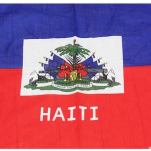 May include: A Haitian flag with a blue and red background and a white center panel featuring the national coat of arms. The coat of arms depicts a palm tree, cannons, and the text "Union Fait La Force". The word "HAITI" is printed in white letters below the coat of arms.