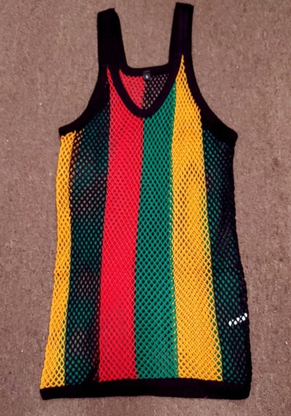 UD Accessories 100% Cotton Rasta STRING VEST Mesh Fishnet Fitted Striped Black Red Green Yellow Colours