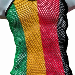 May include: A sleeveless mesh top in the colors of green, yellow, red, and black. The top has a halter neckline with a black trim. The mesh fabric is arranged in vertical stripes of green, yellow, red, and black.